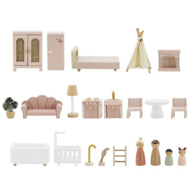 Maison de poupée rose en bois aux détails ludiques