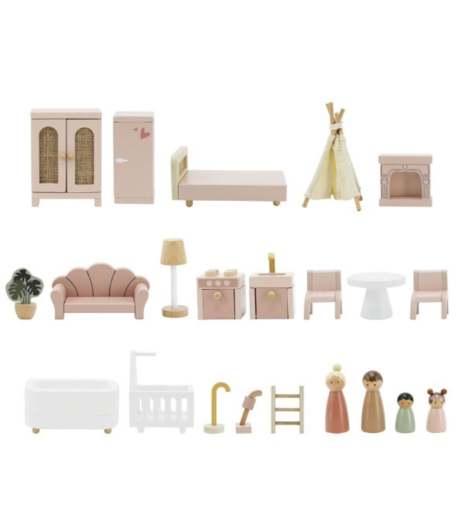 Roze houten poppenhuis met speelse details