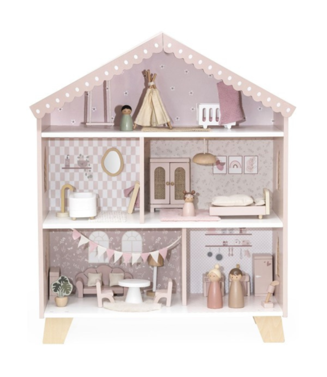 Roze houten poppenhuis met speelse details