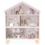 Pink wooden dollhouse with playful details