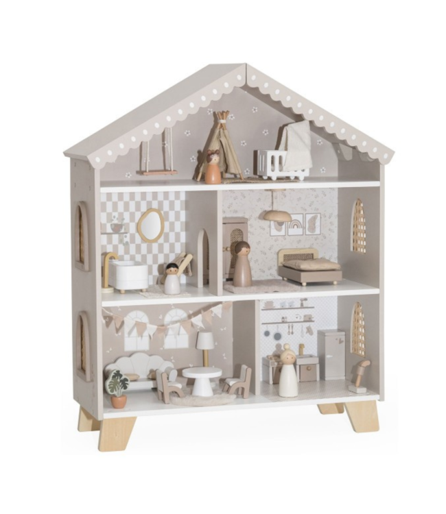 Stijlvol houten poppenhuis in warme nougatkleur – perfect voor fantasierijk spel