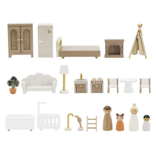 Stylish wooden dollhouse in warm nougat shade – ideal for imaginative play