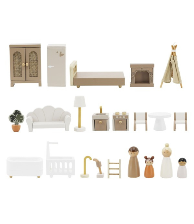 Stijlvol houten poppenhuis in warme nougatkleur – perfect voor fantasierijk spel