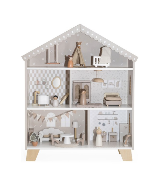 Stijlvol houten poppenhuis in warme nougatkleur – perfect voor fantasierijk spel