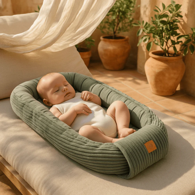 Baby nest made of corduroy fabric in green – soft and cozy for your little one