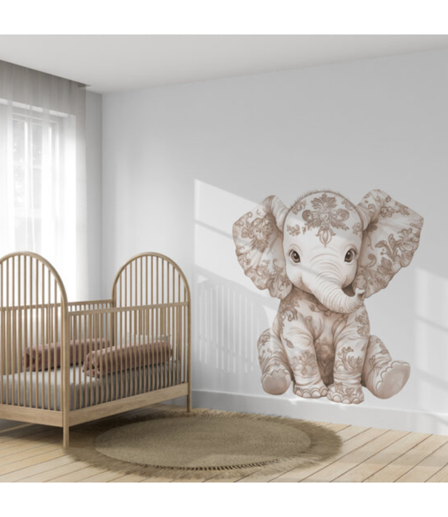 Muursticker Floral – Schattig zittend olifantje voor de kinderkamer