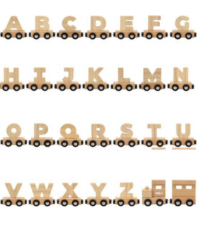 Houten lettertrein in naturel hout – losse letter F om de naam compleet te maken
