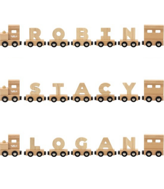 Houten lettertrein in naturel hout – losse letter F om de naam compleet te maken