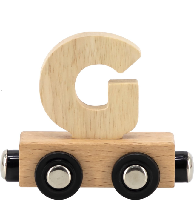 Houten lettertrein in naturel hout – losse letter G om de naam compleet te maken