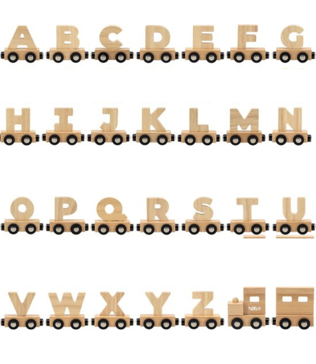 Houten lettertrein in naturel hout – losse letter O om de naam compleet te maken