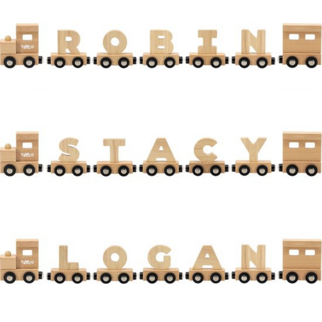 Wooden letter train in natural wood – separate letter V to complete the name