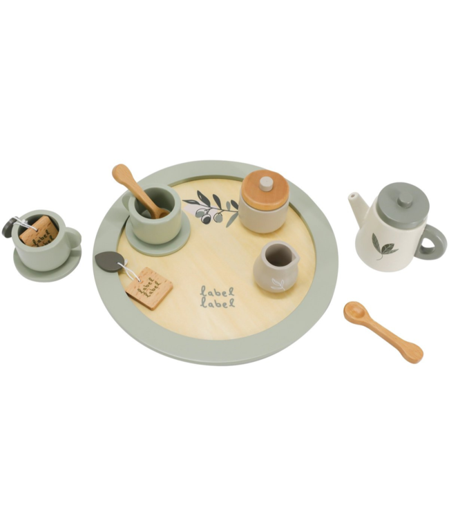Houten theeservies in olijfgroene kleur voor uren speelplezier