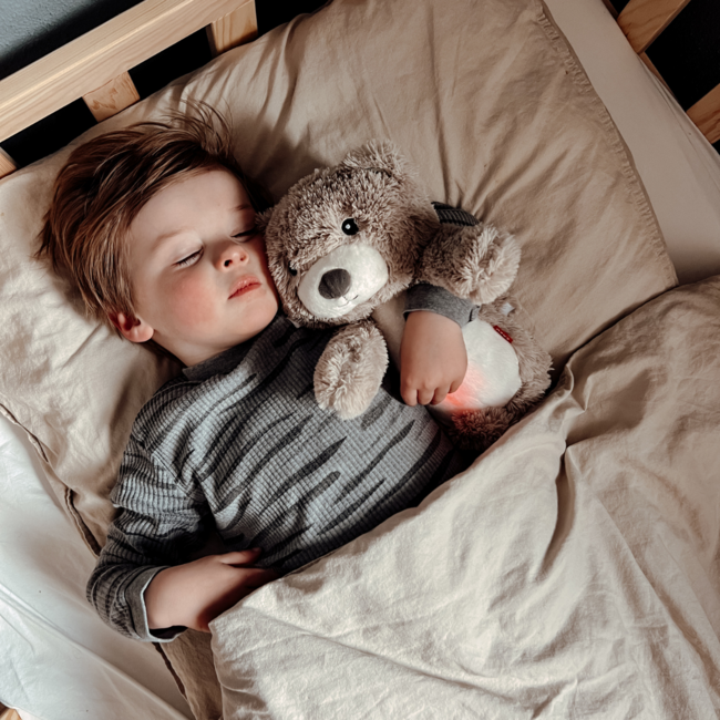 Slaaptrainer Brody beer in taupe helpt kinderen een gezond slaapritme te ontwikkelen en rustig te slapen