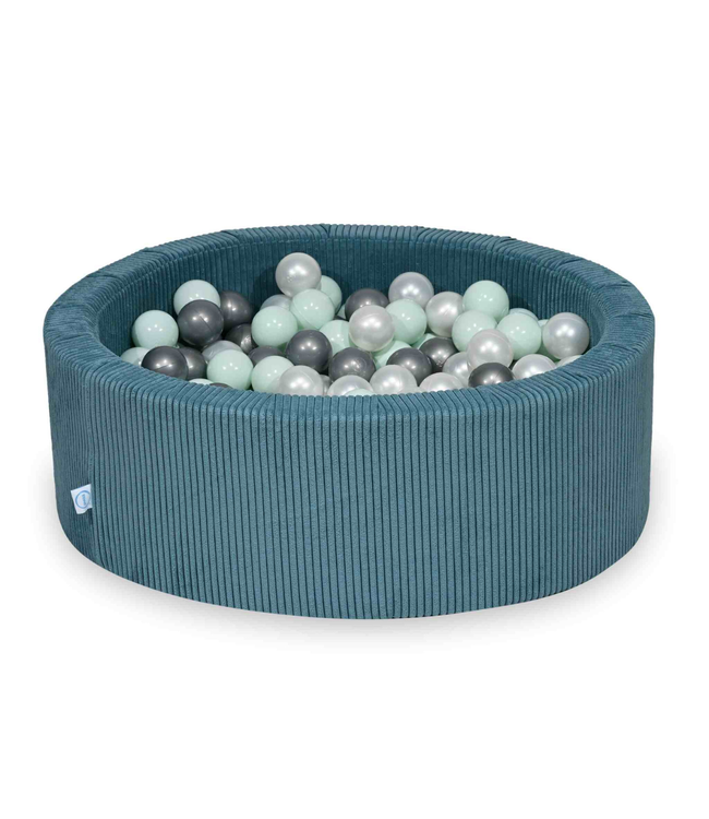 Ballenbak met ballen van zachte corduroy in stijlvolle blauwe tint