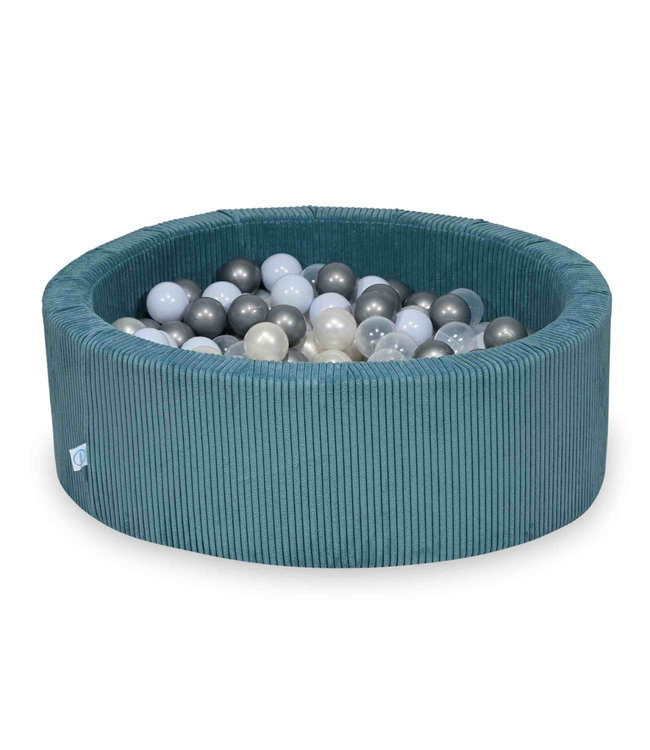 Ballenbak met ballen van zachte corduroy in stijlvolle blauwe tint