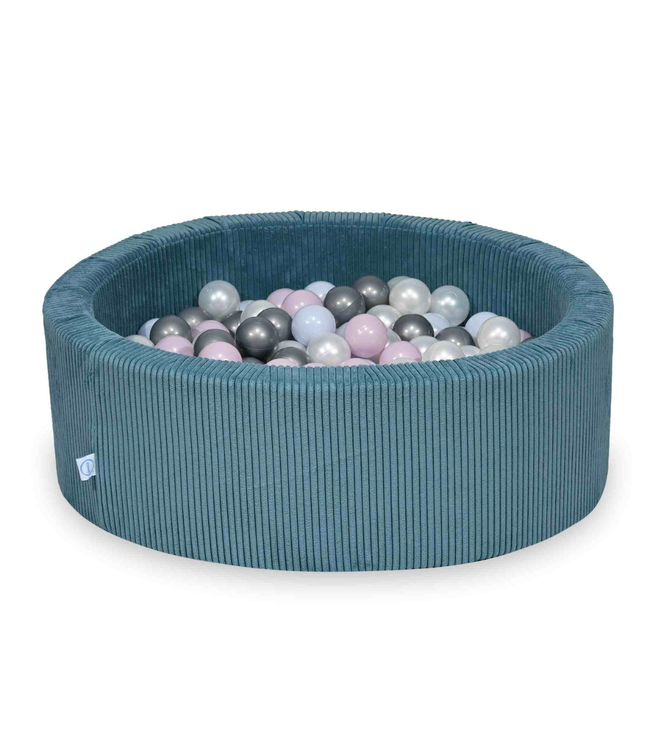 Ballenbak met ballen van zachte corduroy in stijlvolle blauwe tint