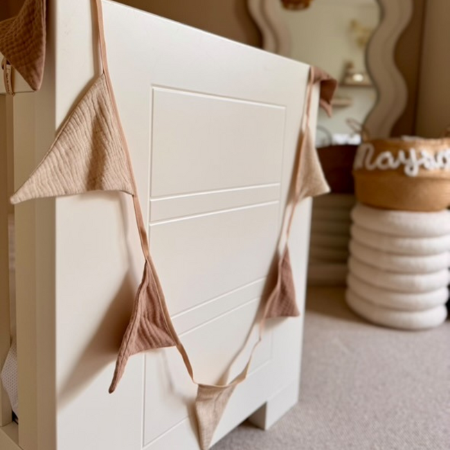 Handmade fabric bunting banner beige – unique decoration for kids’ rooms