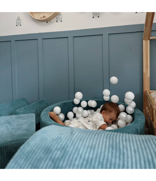 XL speelset van corduroy met ballenbak en 5 foamblokken in blauw – veilig en uitnodigend speelplezier