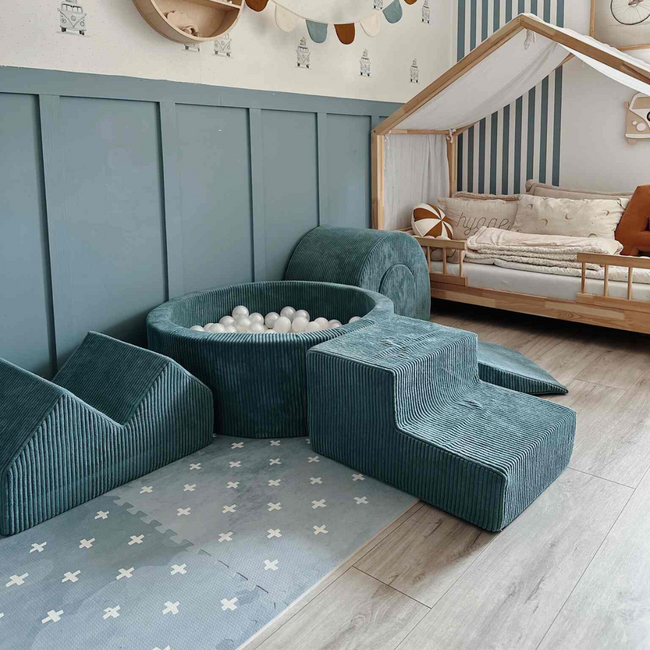 Set de jeu XL en tissu côtelé avec bac à balles et 5 blocs en mousse bleu – jeu sûr et agréable