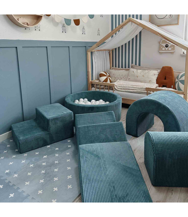 XL speelset van corduroy met ballenbak en 5 foamblokken in blauw – veilig en uitnodigend speelplezier