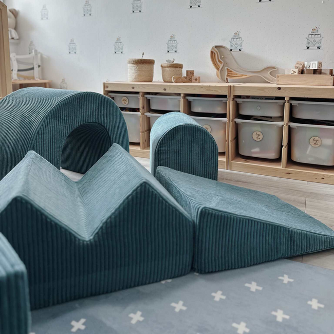 Set de jeu XL en tissu côtelé avec bac à balles et 5 blocs en mousse bleu – jeu sûr et agréable