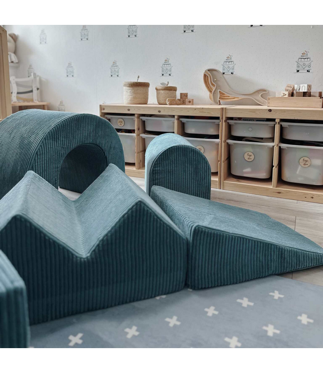 XL speelset van corduroy met ballenbak en 5 foamblokken in blauw – veilig en uitnodigend speelplezier
