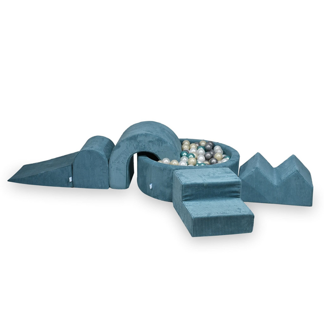 XL play set in corduroy with ball pit and 5 foam blocks in blue – safe and inviting playtime fun