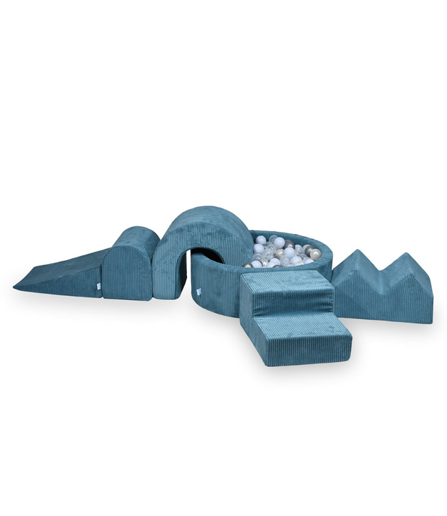 XL speelset van corduroy met ballenbak en 5 foamblokken in blauw – veilig en uitnodigend speelplezier