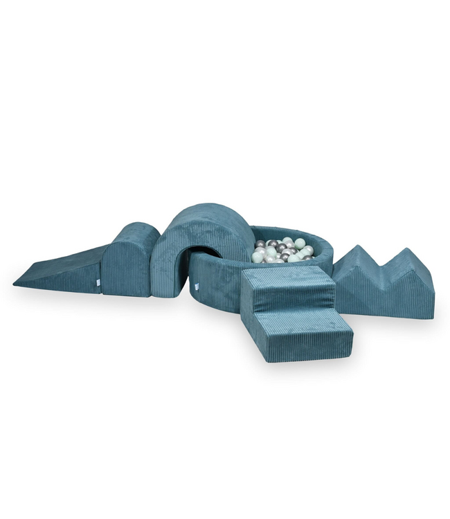 XL speelset van corduroy met ballenbak en 5 foamblokken in blauw – veilig en uitnodigend speelplezier