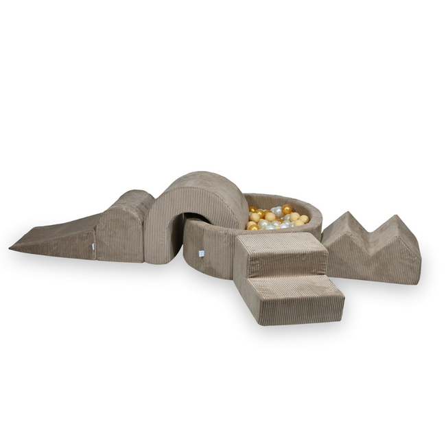 Set de jeu XL en tissu côtelé avec bac à balles et 5 blocs en mousse couleur toffee – doux, élégant et sûr pour le jeu