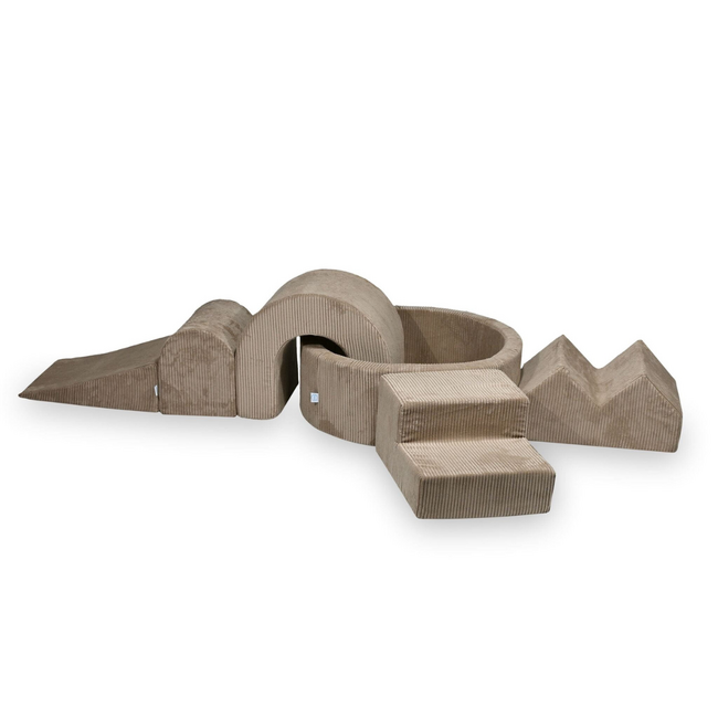 Set de jeu XL en tissu côtelé avec bac à balles et 5 blocs en mousse couleur toffee – doux, élégant et sûr pour le jeu