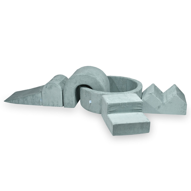 Set de jeu XL en tissu côtelé avec bac à balles et 5 blocs en mousse couleur menthe – doux, élégant et sûr pour le jeu