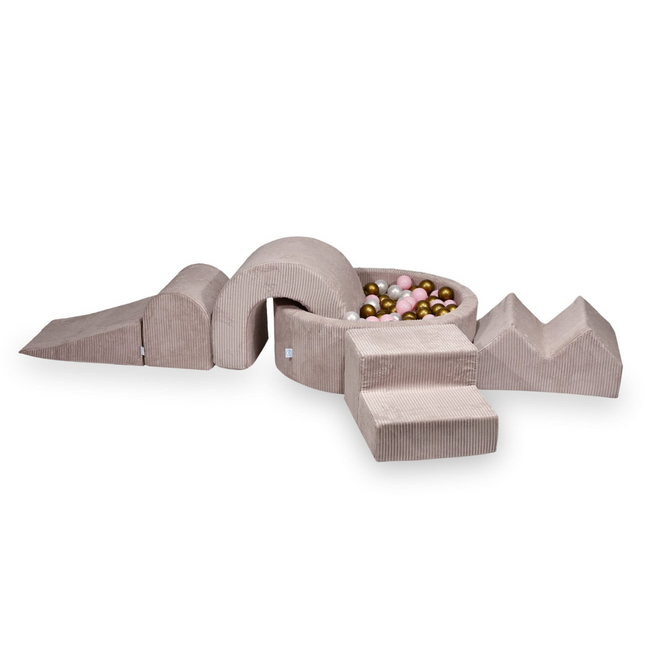 Set de jeu XL en tissu côtelé avec bac à balles et 5 blocs en mousse rose – doux, élégant et sûr pour le jeu