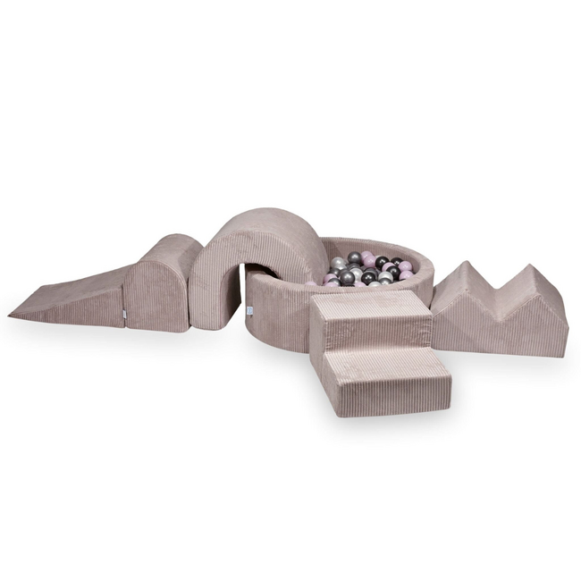 Set de jeu XL en tissu côtelé avec bac à balles et 5 blocs en mousse rose – doux, élégant et sûr pour le jeu