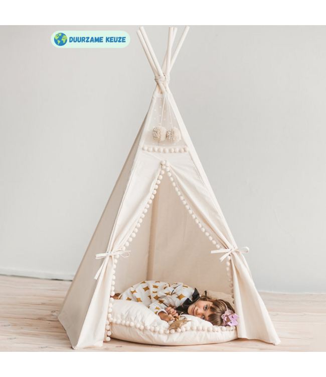 Decoratieve pompom tipi tent topper – Beige | Voor een speelse en gezellige kinderkamer