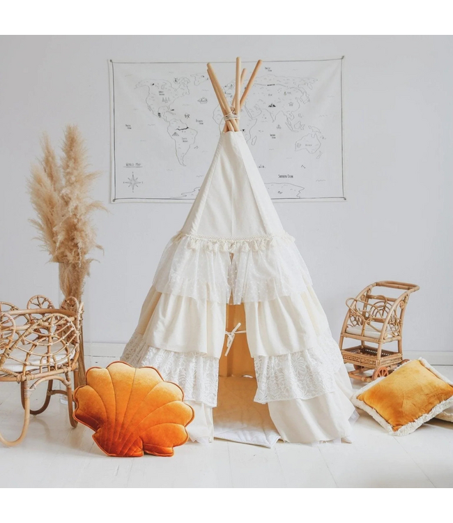Tipi tent met speelse franje – Shabby Chic | Ecru | Gezellige speelhoek voor de kinderkamer