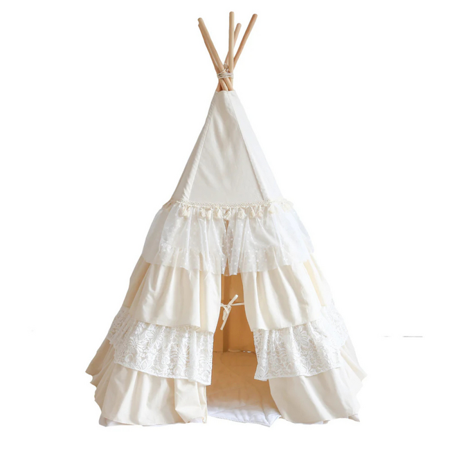 Tipi tent met speelse franje – Shabby Chic | Ecru | Gezellige speelhoek voor de kinderkamer