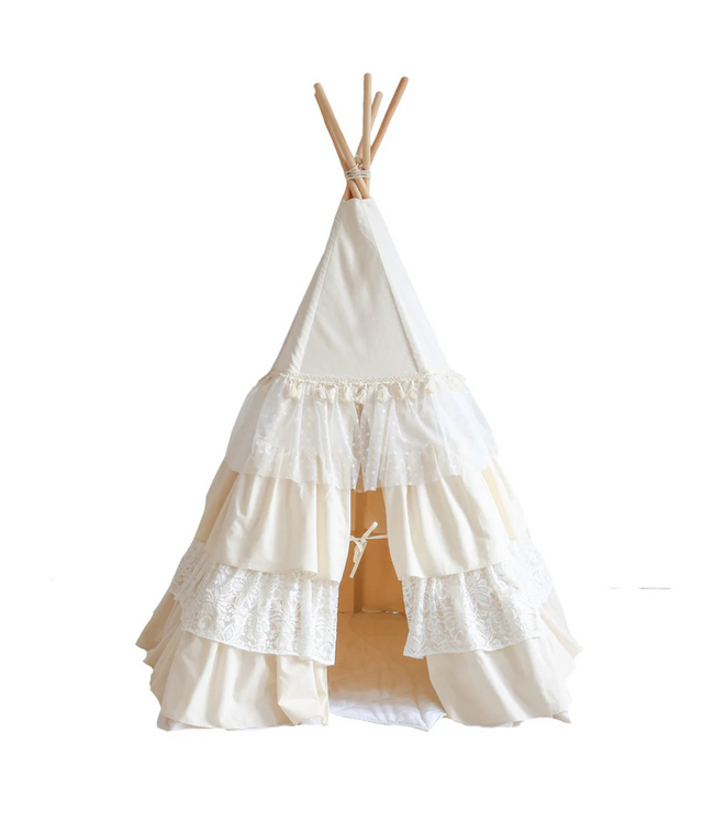 Tipi tent met speelse franje – Shabby Chic | Ecru | Gezellige speelhoek voor de kinderkamer