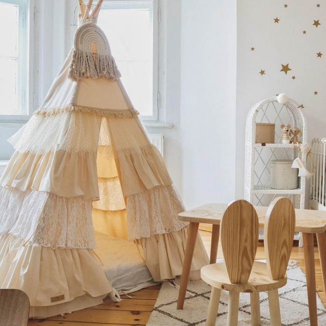 Teepee tent with playful fringes – Shabby Chic | Ecru | Cozy play corner for the kids’ room
