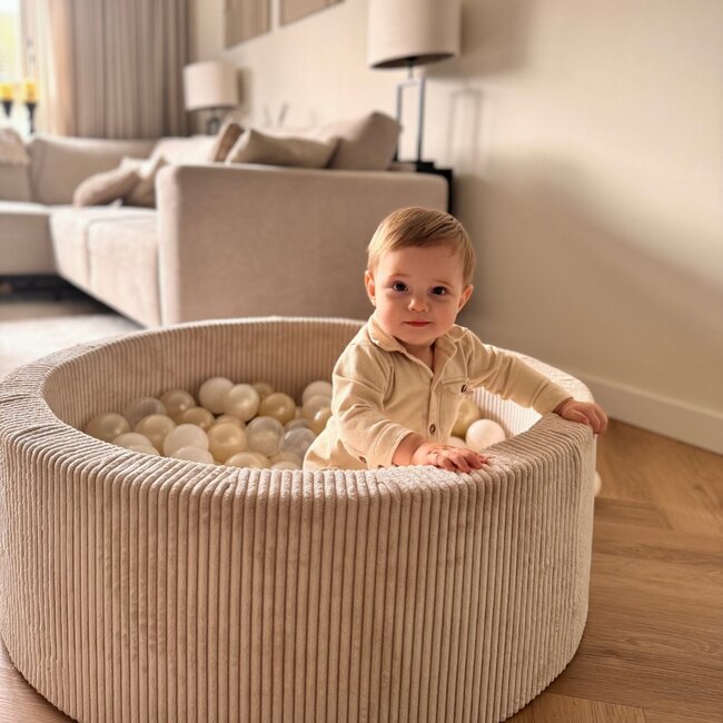 Ball pit with corduroy balls in beige – safe and soft play area for kids