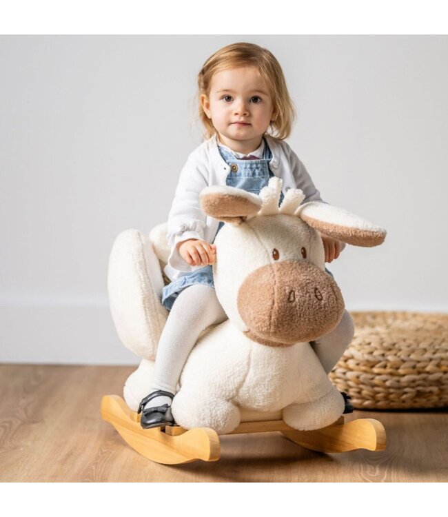 Hobbeldier ezel van teddy stof in ecru – knuffelzacht en stevig hobbelplezier