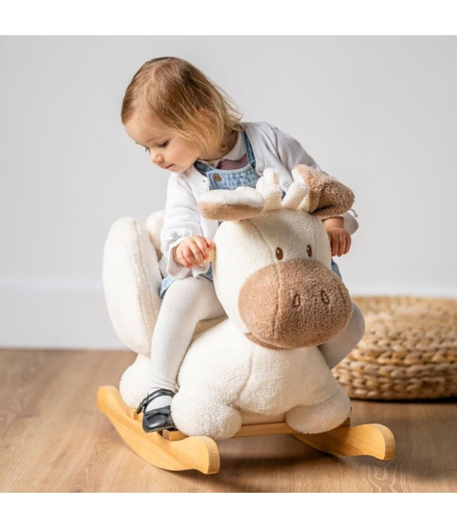 Hobbeldier ezel van teddy stof in ecru – knuffelzacht en stevig hobbelplezier