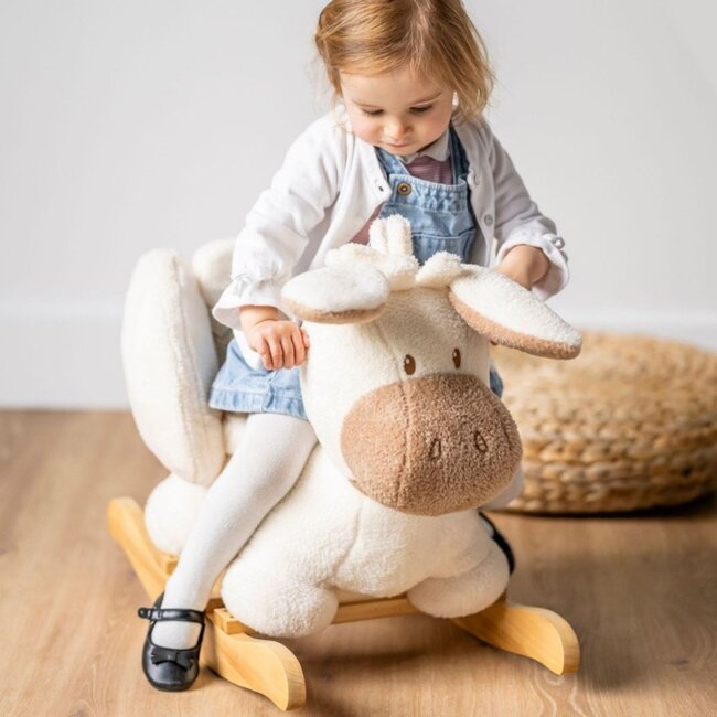 Hobbeldier ezel van teddy stof in ecru – knuffelzacht en stevig hobbelplezier