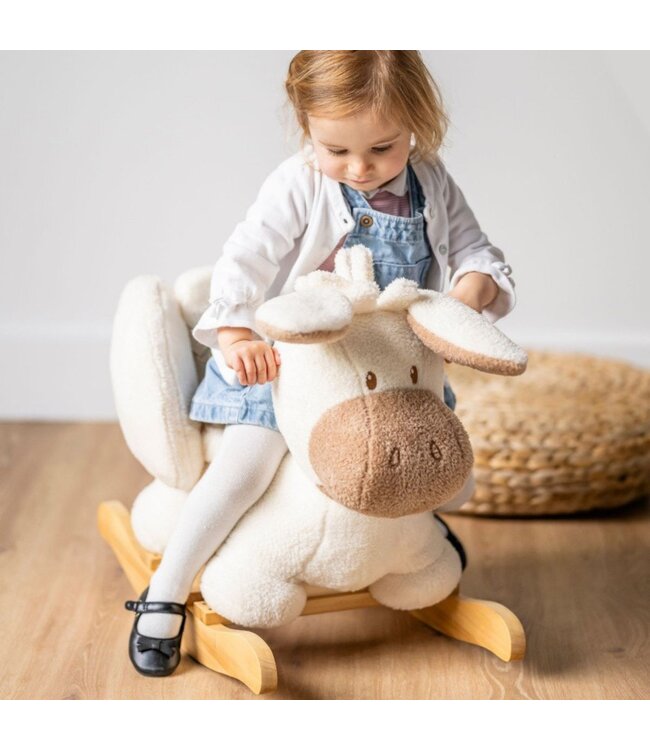 Hobbeldier ezel van teddy stof in ecru – knuffelzacht en stevig hobbelplezier