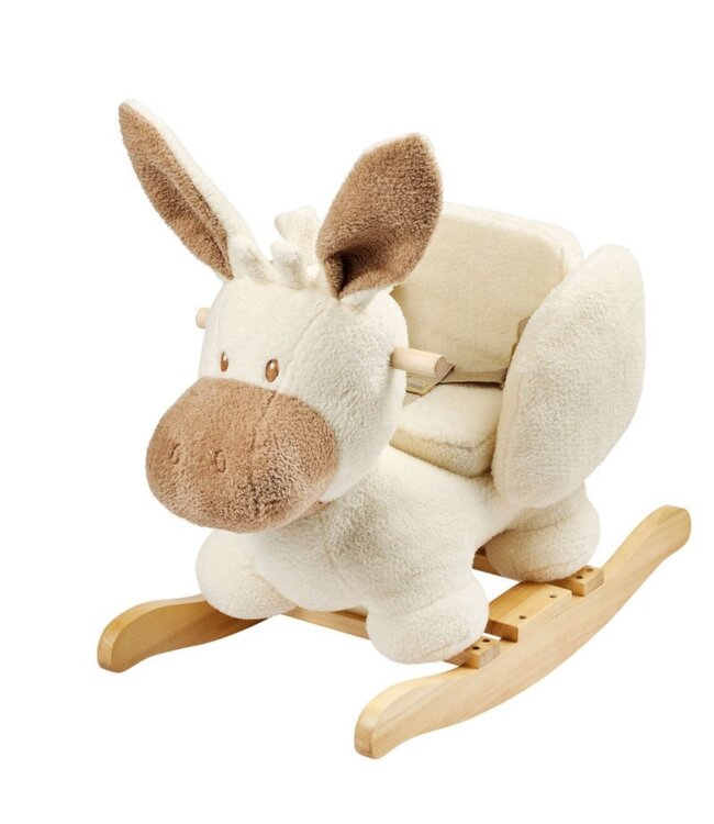 Hobbeldier ezel van teddy stof in ecru – knuffelzacht en stevig hobbelplezier