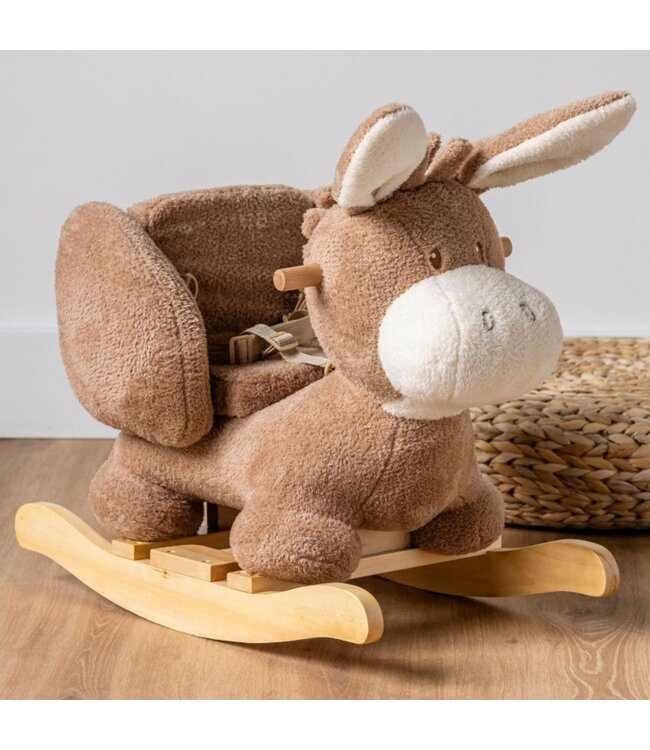 Hobbeldier ezel van teddy stof in beige – knuffelzacht en stevig hobbelplezier