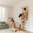 Compact wooden wall rack and mini climbing frame in natural and white