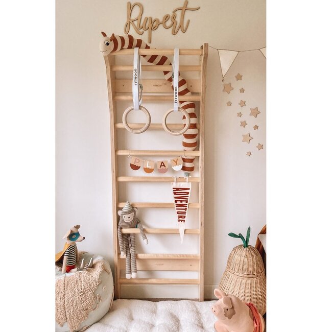 Mini-anneaux de gymnastique en bois avec sangles blanches, finition naturelle – Parfaits pour le jeu intérieur et le développement moteur