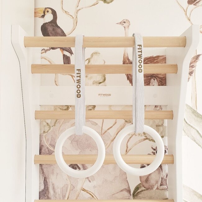 Mini-Turnringe aus Holz mit weißen Straps in Weiss – Ideal fürs Spielen, Training und Motorikentwicklung