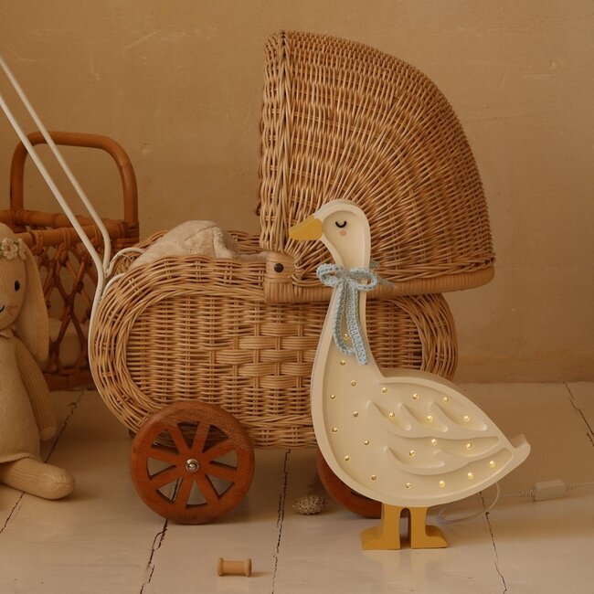 Wooden goose lamp in white with blue bow – cozy, handmade lighting for children’s room or home interior